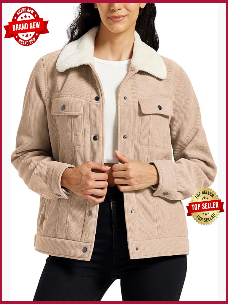 Women's Corduroy Jacket Sherpa Fleece Lined Button Down Casual Winter Coat With